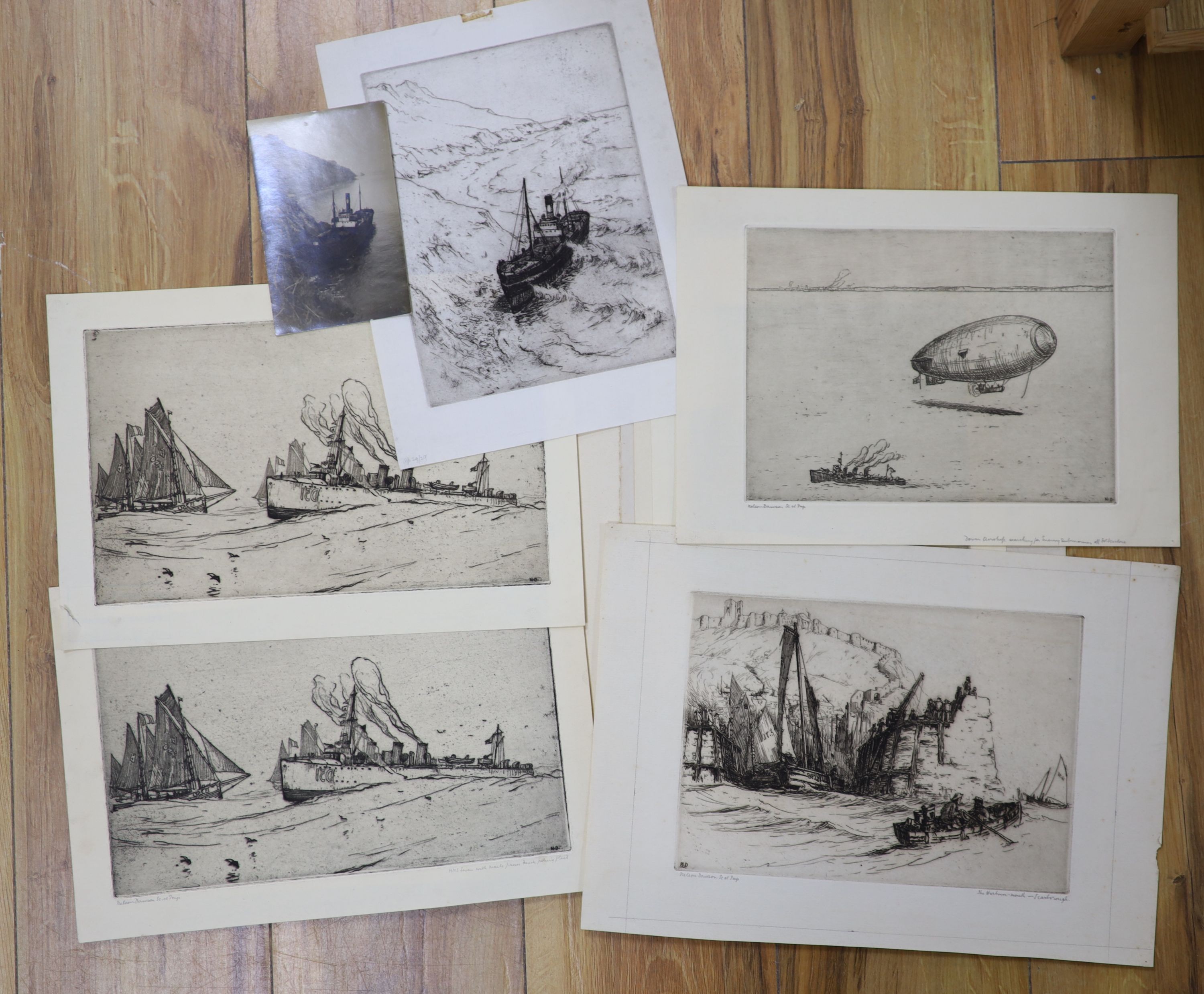 Nelson Dawson (1859-1941), a group of 12 unframed etchings, shipping at sea and coastal scenes